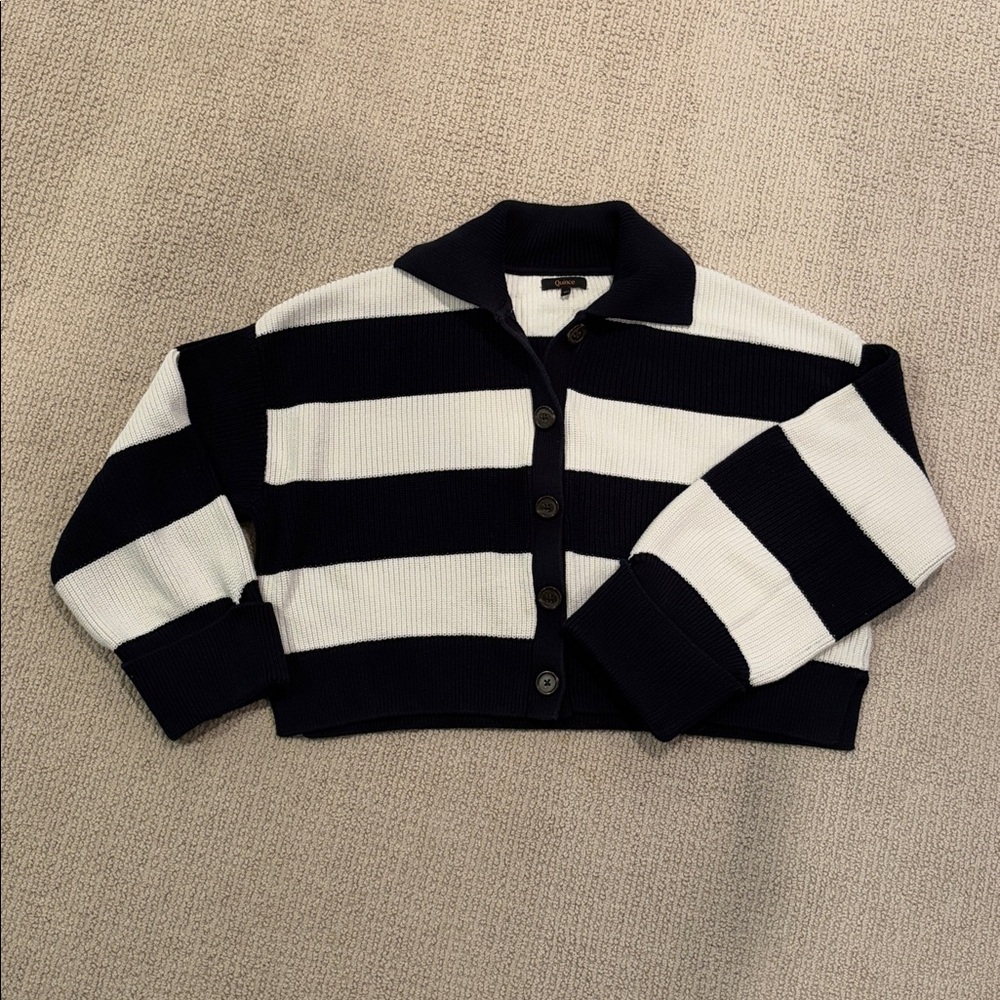 Quince Dark Blue and White Button-Up Cardigan